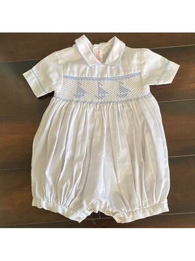 Vintage Classic White Smocked Baby Romper with Light Blue Sailboat Detail